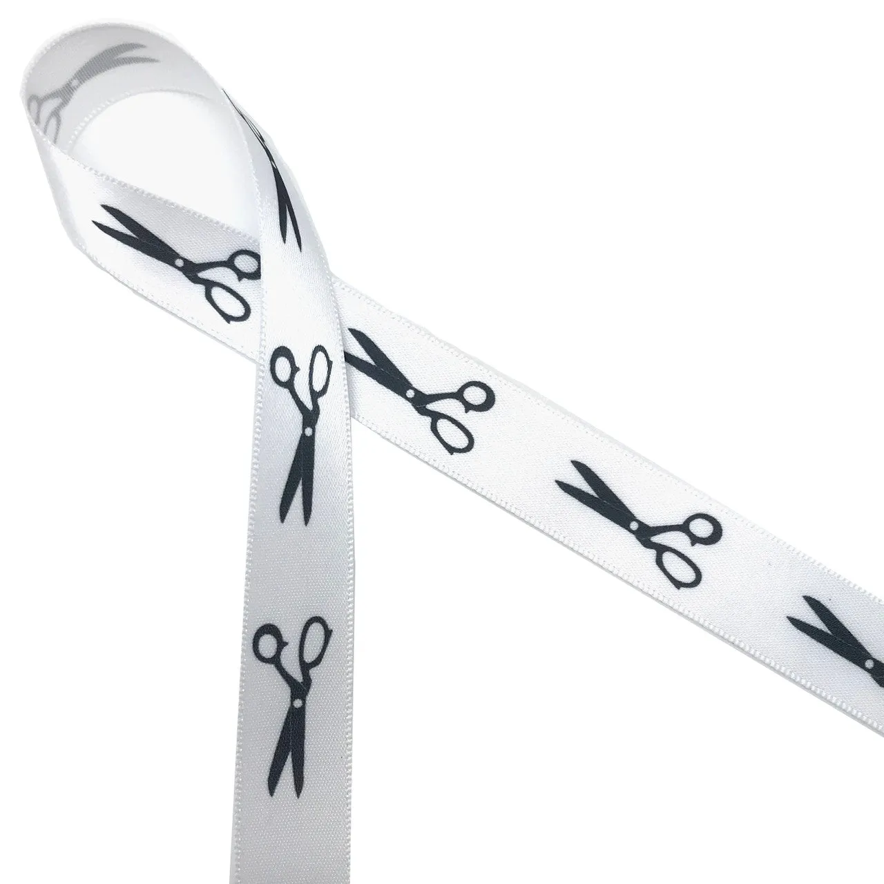 Scissors ribbon in black silhouette printed on 5/8" white single face satin