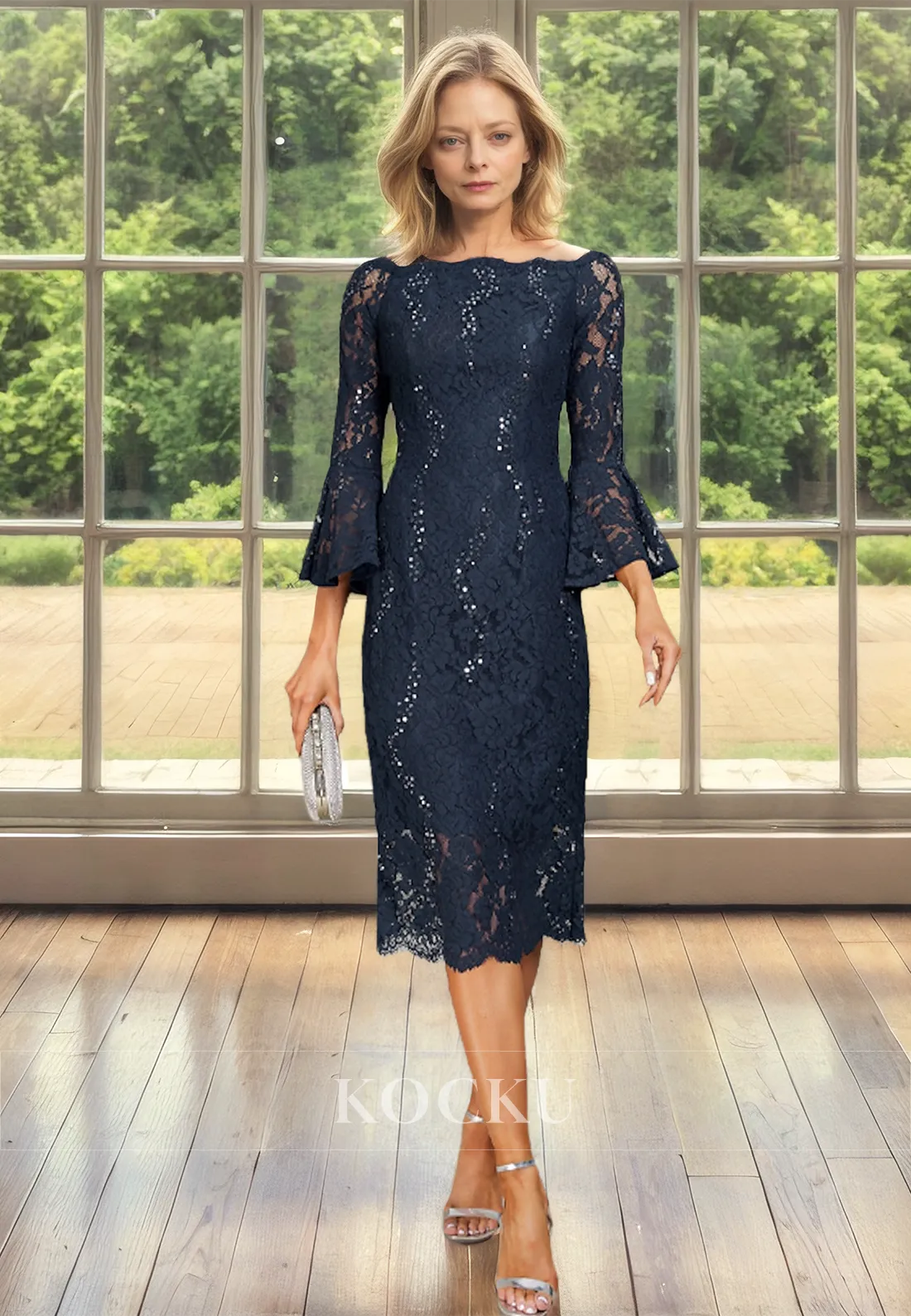 Scoop Neck Long Sleeves Sheath Knee-Length Sequin Lace Mother of Bride Cocktail Gowns