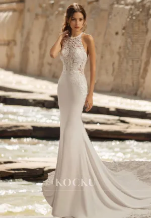 Scoop Neck Mermaid Wedding Dress Sleeveless Sheer Applique Satin Bridal Dress with Lace Train