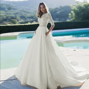 Scoop Neck Satin A-Line Wedding Dresses Luxury Appliques Beaded Sashes Court Train