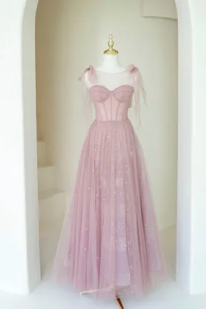 Scoop Neckline Tulle Pink Long Prom Dress, Cute A-Line Evening Party Dress