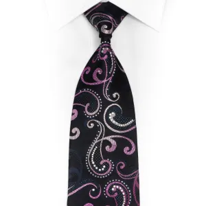 Scrolls On Navy Blue Rhinestone Silk Necktie With Silver Sparkles