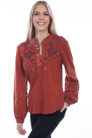 Scully Womens Rust Cotton Blend Yoke L/S Blouse