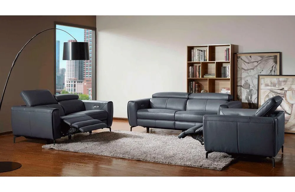 Scuzzy Blue Gray Reclining Leather Sofa