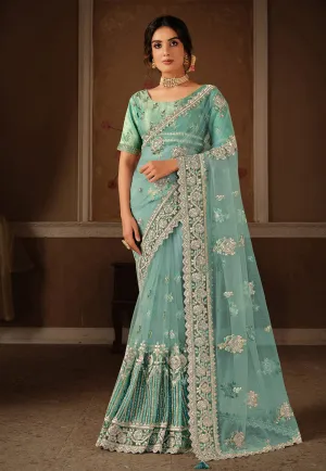 Sea Blue Embroidered Saree