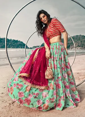 Sea Blue Floral Prints And Embroidered Lehenga Choli