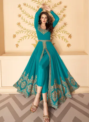 Sea Blue Slit Style Zari Embroidered Anarkali Pants Suit