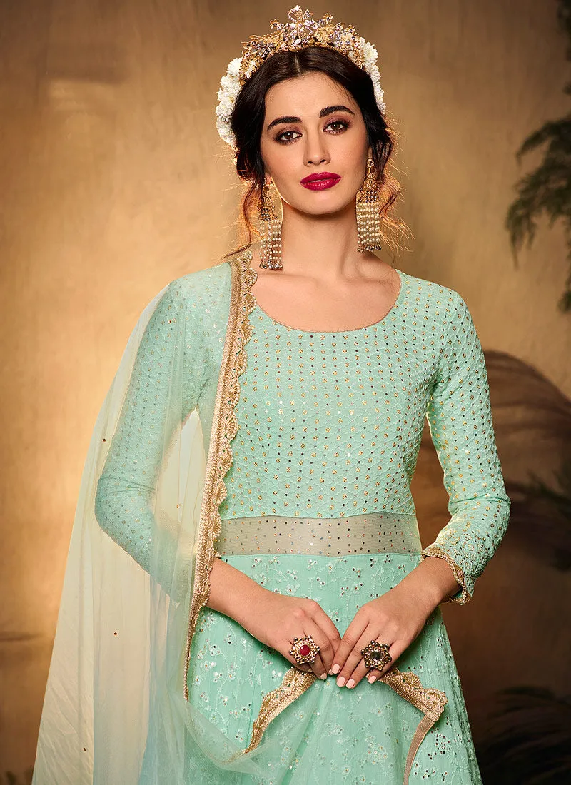 Sea Green And Golden Sequence Embroidered Anarkali Lehenga