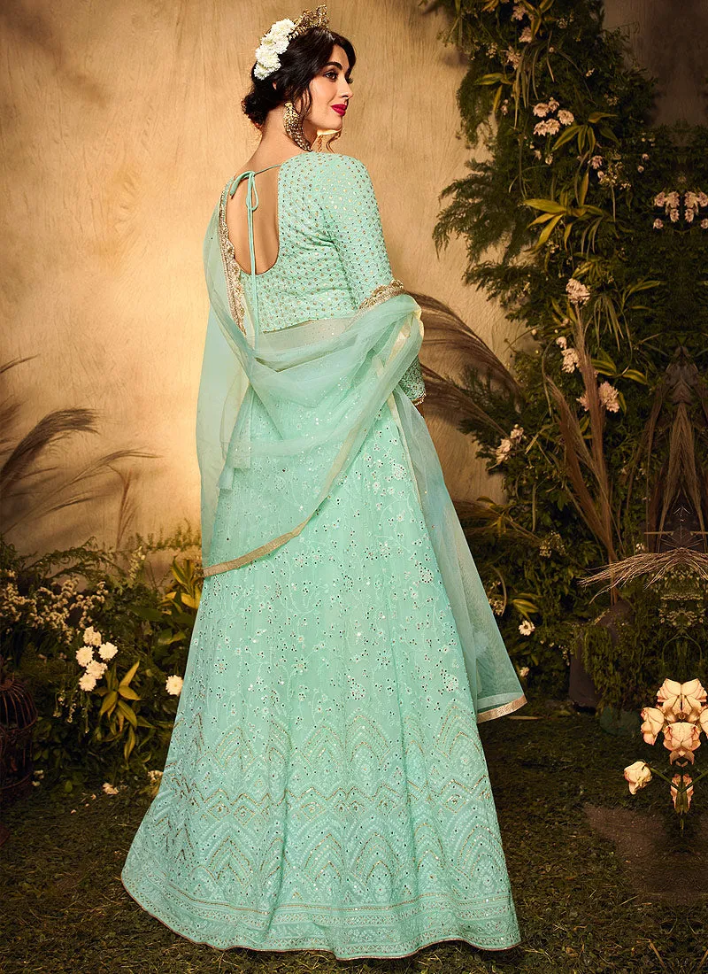 Sea Green And Golden Sequence Embroidered Anarkali Lehenga