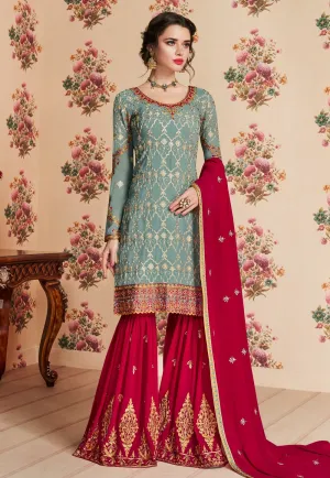 Sea Green And Red Embroidered Gharara Palazzo Suit