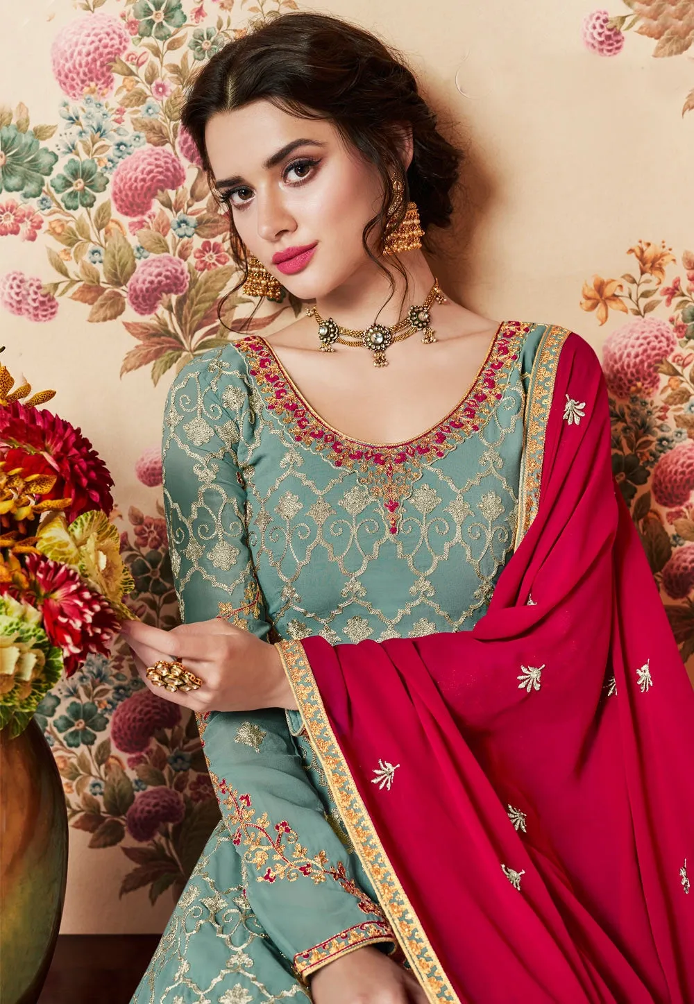 Sea Green And Red Embroidered Gharara Palazzo Suit