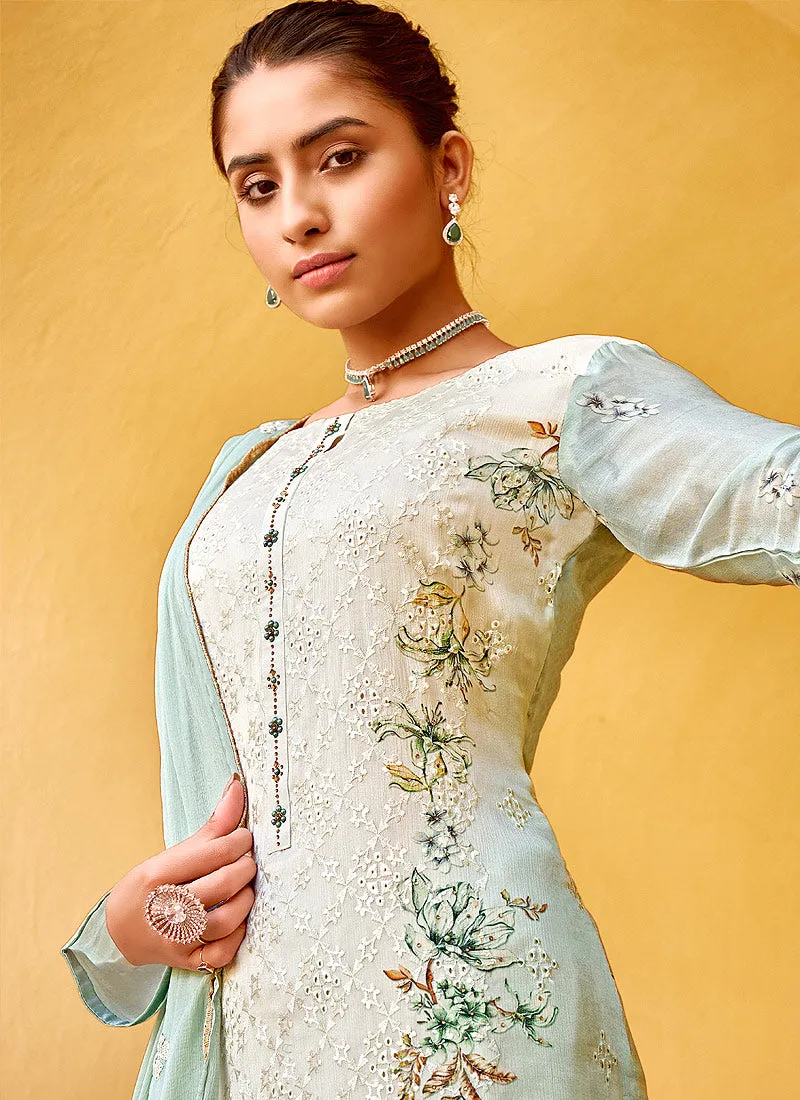 Sea Green Chikankari Embroidered Pant Style Suit