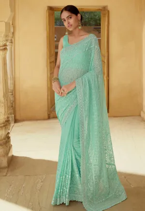 Sea Green Chikankari Embroidered Party Wear Saree