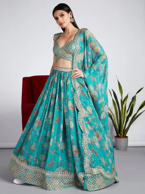 Sea green colour Organza Floral design digital print Semi-Stitched Lehenga choli & Dupatta