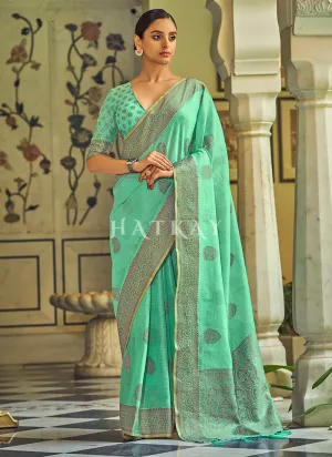 Sea Green Copper Zari Embellished Tissue Silk Saree