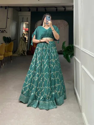 Sea Green Crushed Georgette Lehenga Choli Set with Sequin Embroidery