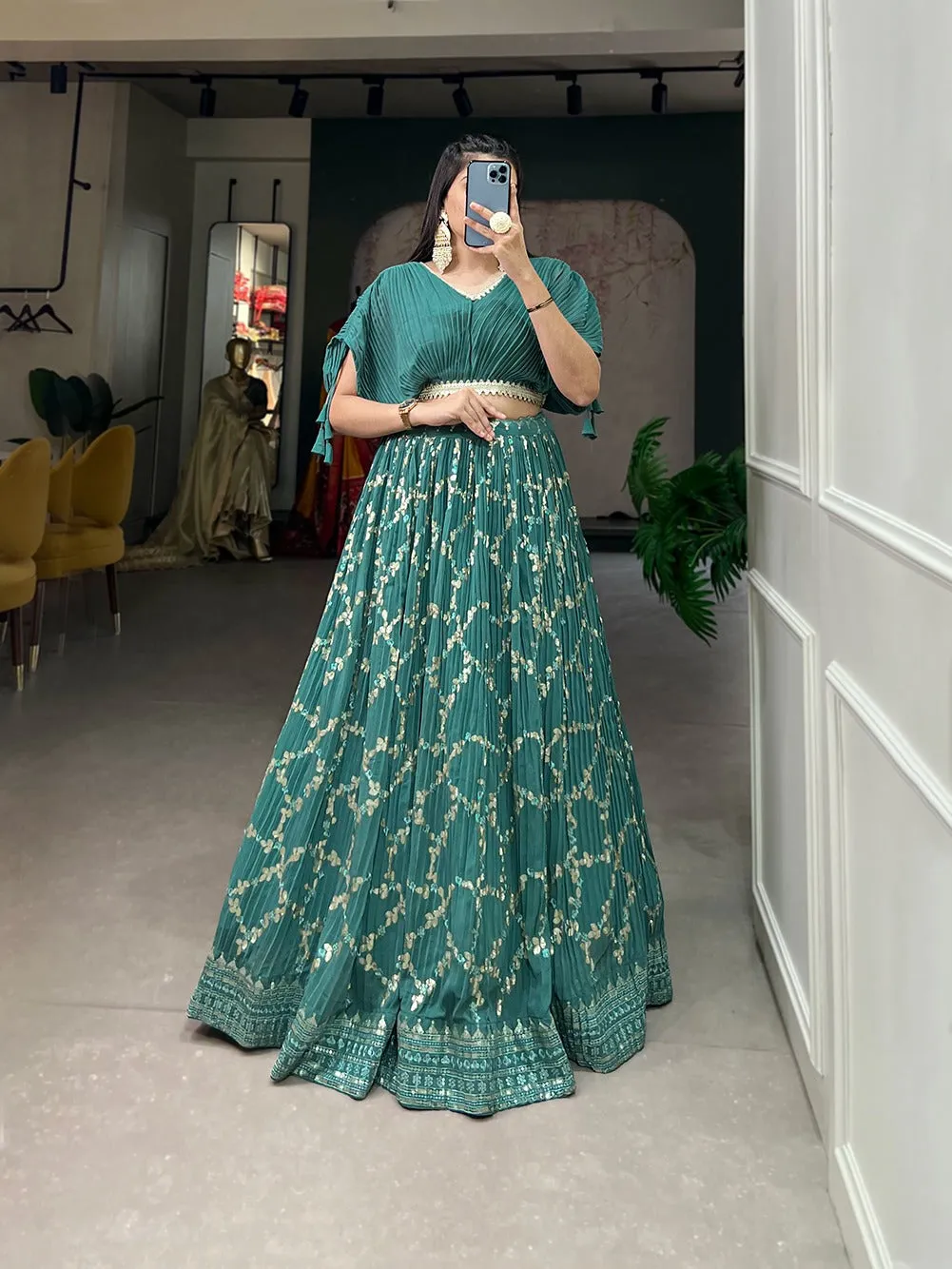 Sea Green Crushed Georgette Lehenga Choli Set with Sequin Embroidery