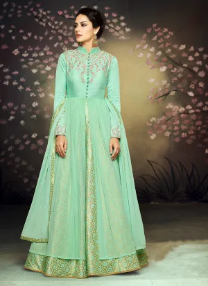 Sea Green Double Layered Embroidered Anarkali Suit