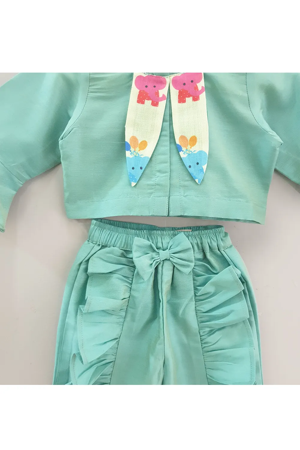 Sea green elephant printed crop top and frills pants