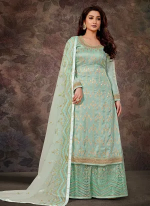 Sea Green Embroidered Jacquard Silk Palazzo Suit