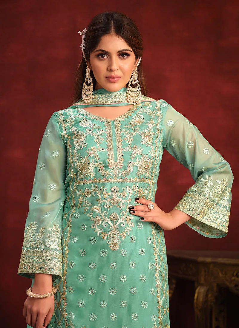 Sea Green Embroidery Designer Pant Style Suit