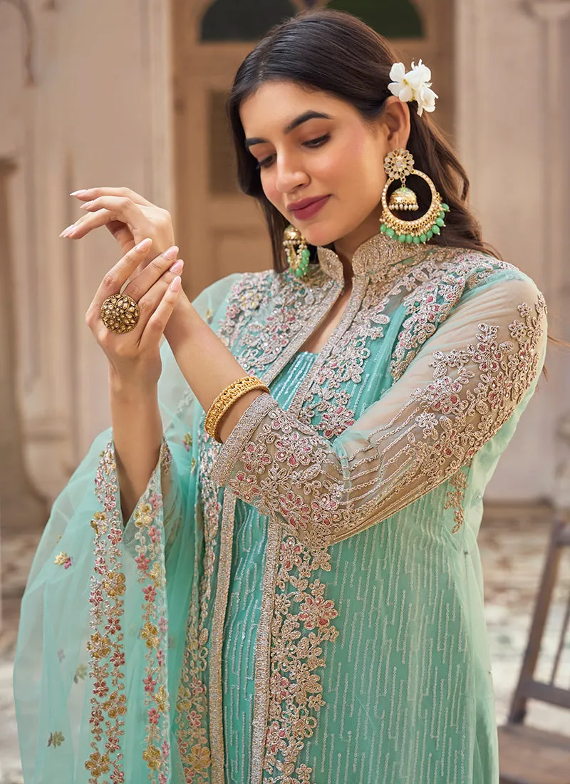 Sea Green Embroidery Pakistani Pant Style Suit