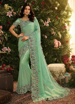 Sea Green Floral Designer Saree With Blouse