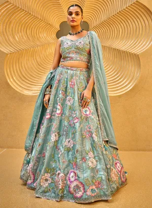 Sea Green Floral Embroidered Bridal Lehenga Choli