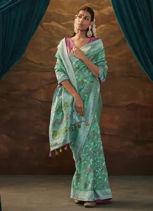 Sea Green Floral Paithani Banarasi Dola Silk Saree