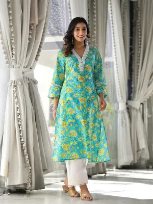 Sea Green Floral Printed Cotton Kurta With Threadwork