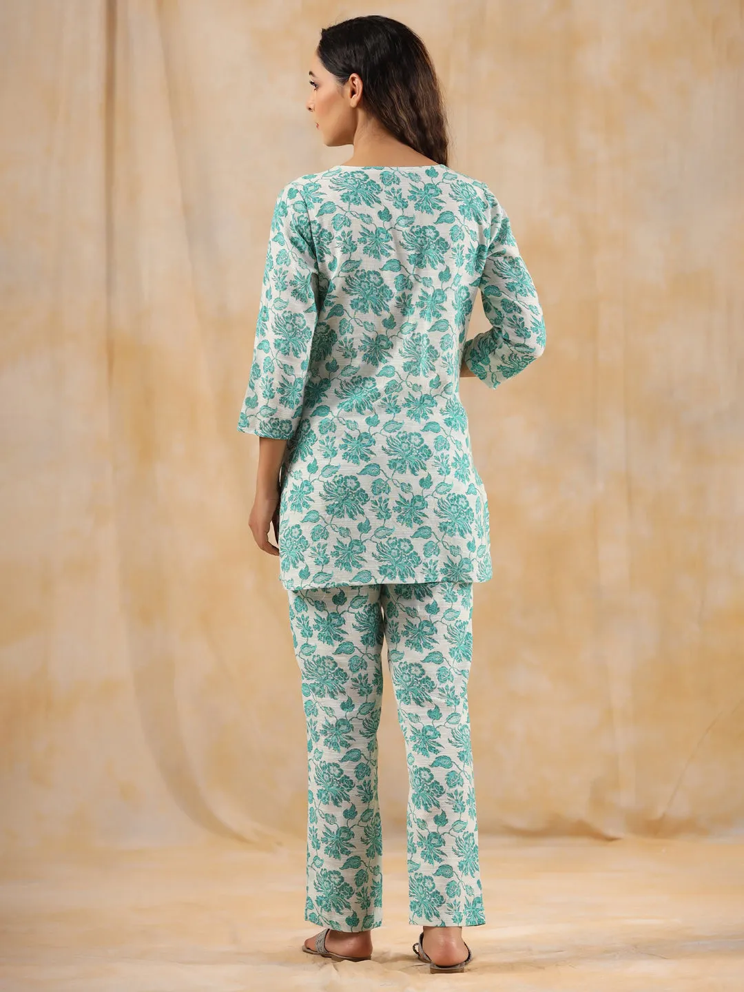 Sea Green Floral Printed Cotton Loungewear