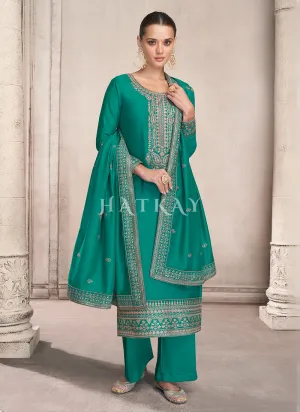 Sea Green Golden Embroidered Silk Salwar Kameez