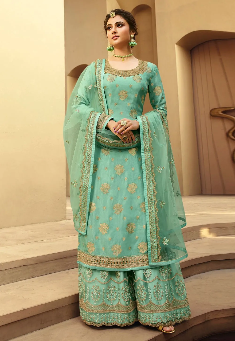 Sea Green Jacquard Silk Embroidered Palazzo Suit