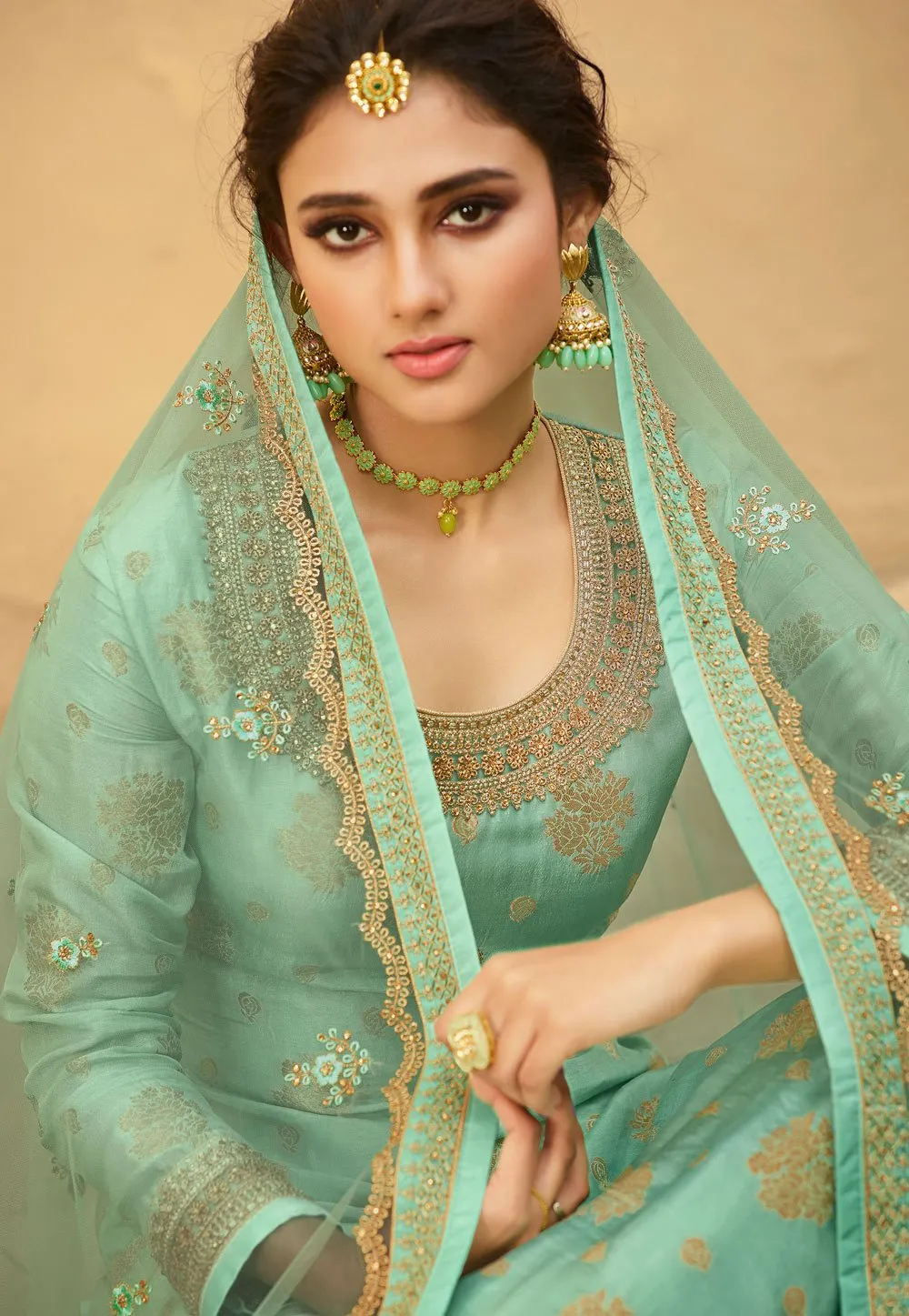 Sea Green Jacquard Silk Embroidered Palazzo Suit