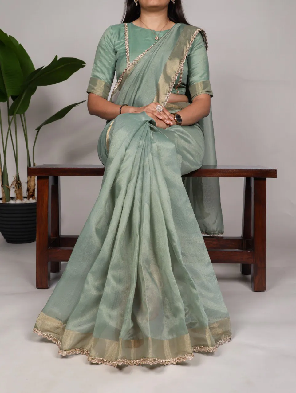 Sea Green Mannat Silk Saree with Zari Weaving & Lace Border