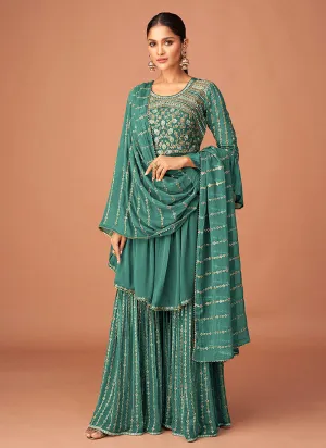 Sea Green Multi Embroidered Peplum Style Sharara Suit