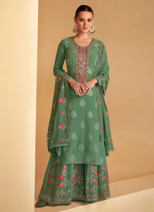 Sea Green Multi Embroidery Festive Palazzo Suit