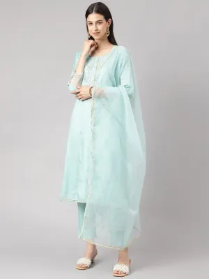 Sea Green Muslin Embroidery Kurta Pant Set With Organza Dupatta