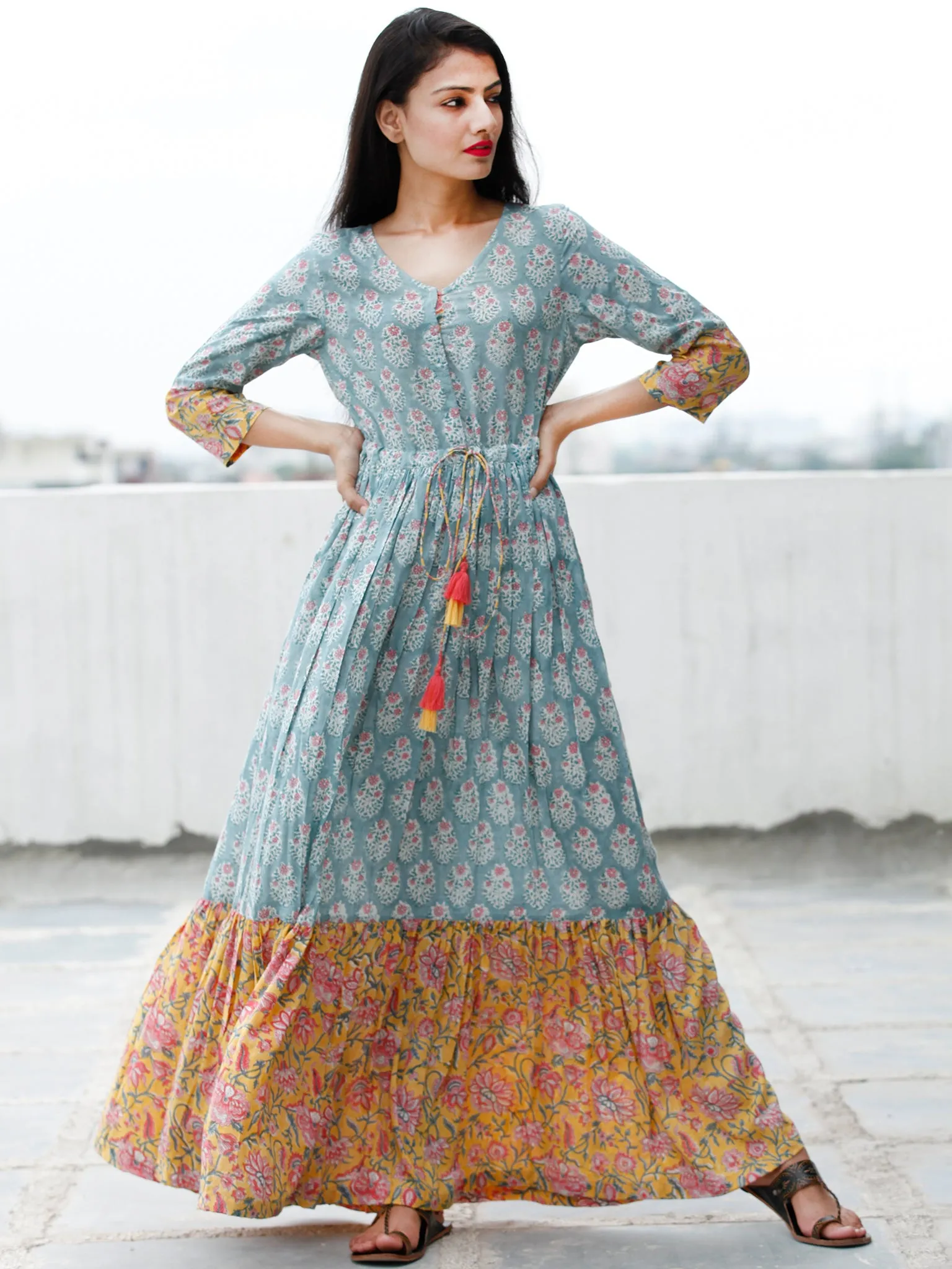 Sea Green Pink Yellow Hand Block Printed Long Dress With Tie Up Waist - D170F1845