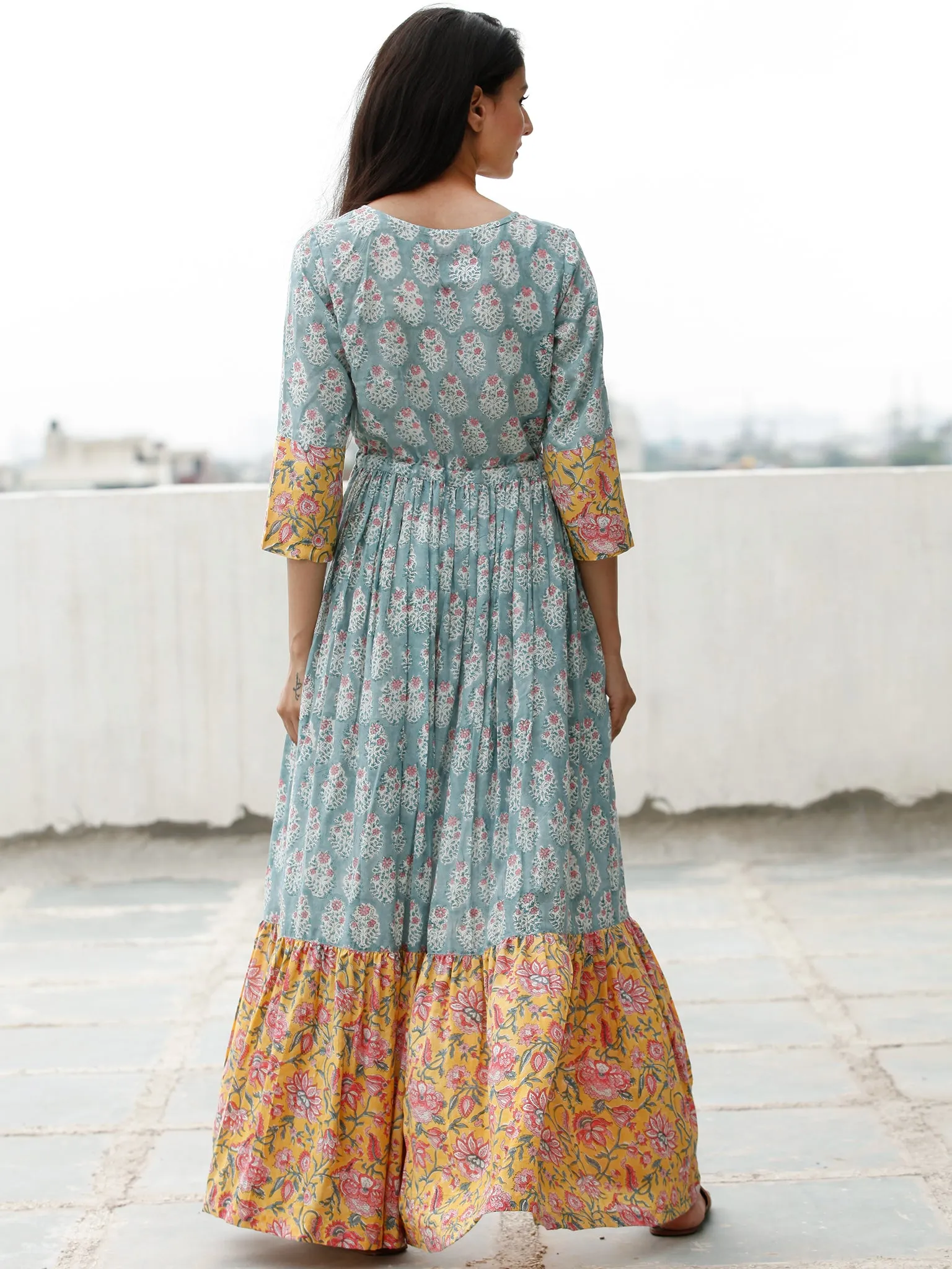 Sea Green Pink Yellow Hand Block Printed Long Dress With Tie Up Waist - D170F1845