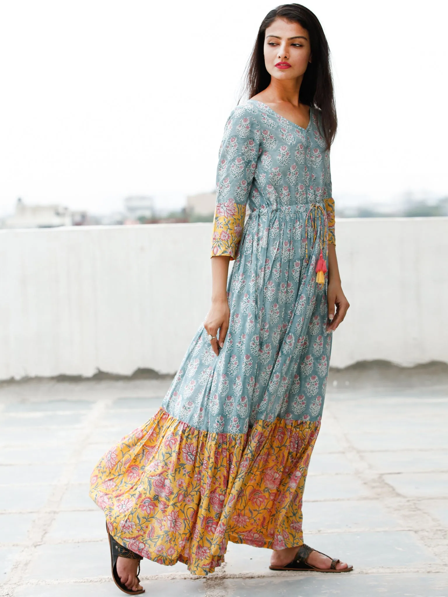 Sea Green Pink Yellow Hand Block Printed Long Dress With Tie Up Waist - D170F1845