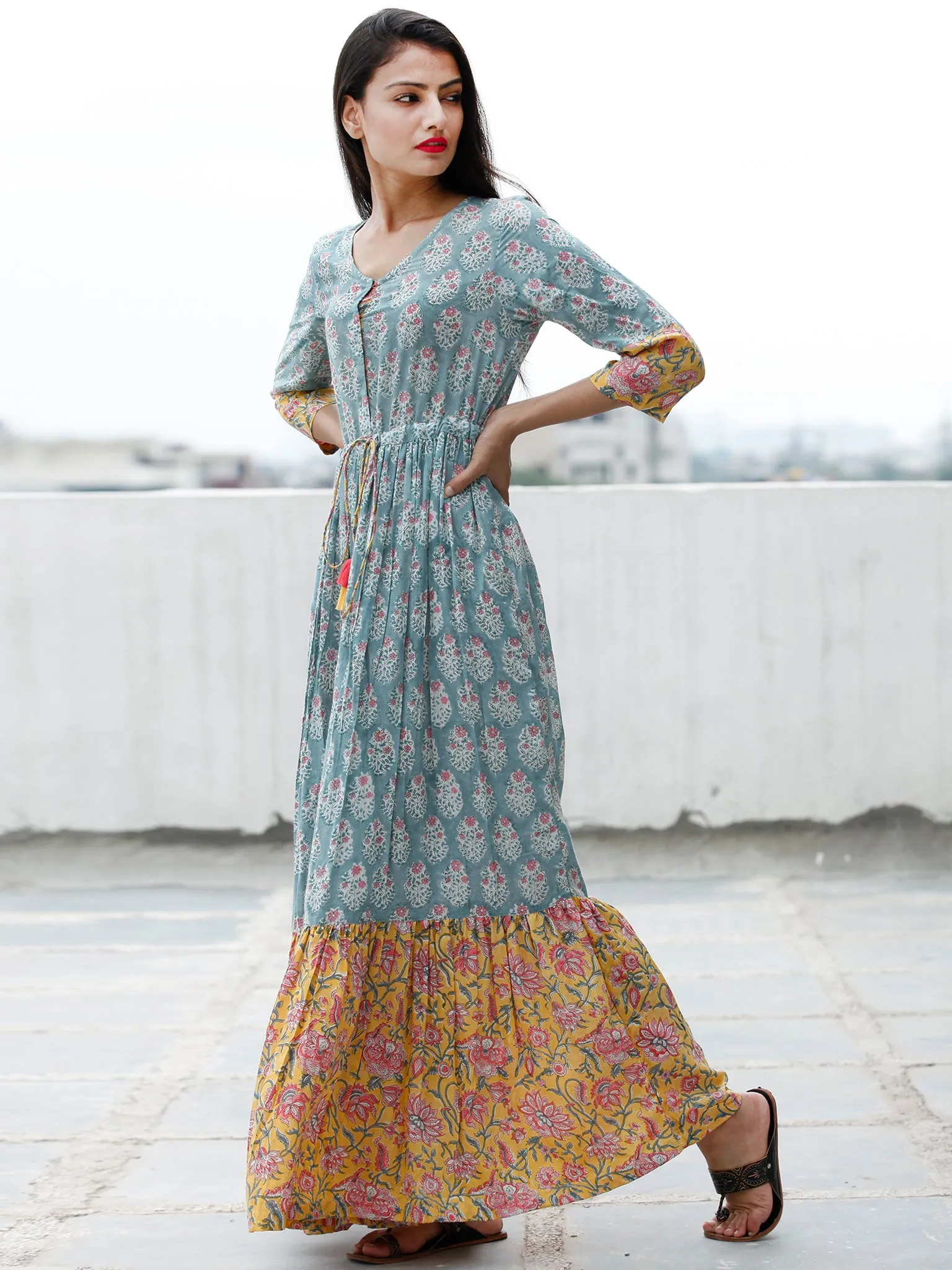 Sea Green Pink Yellow Hand Block Printed Long Dress With Tie Up Waist - D170F1845