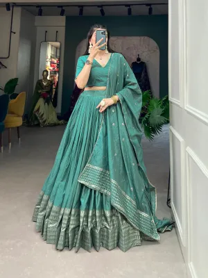 Sea Green Pure Chanderi Lehenga Choli Set with Zari Border & Sequin Dupatta