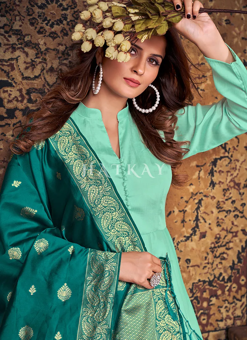 Sea Green Two Tone Silk Embroidered Anarkali Suit