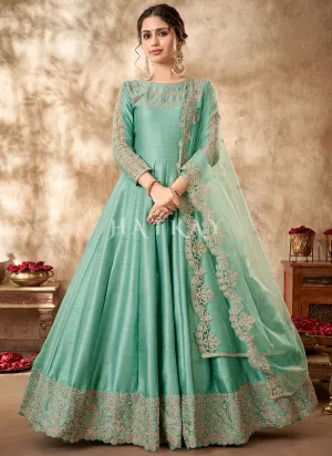 Sea Green Zari Embroidered Traditional Silk Anarkali