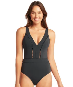 Sea Level Lola Shimmer Spliced Plunge with Ladder Lace One Piece Swimsuit - Charcoal