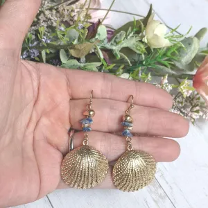 Sea Shell beaded dangle earrings, gold