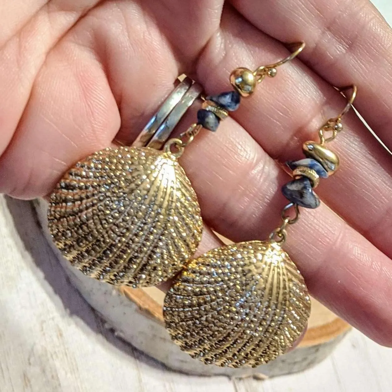 Sea Shell beaded dangle earrings, gold