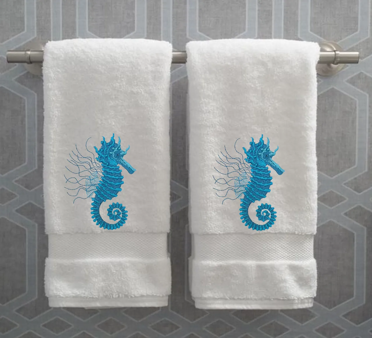 Seahorse Embroidered Bath Hand Towel. Beautifully Detailed in Turquoise Shades