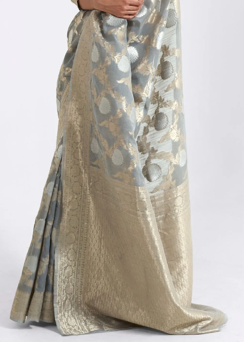 Seal Grey Zari Woven Linen Silk Saree